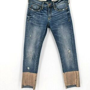 Anthropologie PILCRO 28 Slim Boyfriend’ Jeans Rose Gold Foil Metallic Crop Trim